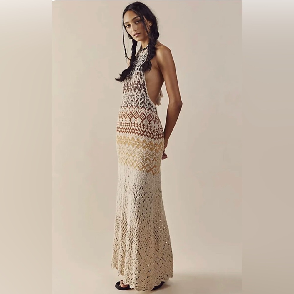 NWOT Free People Ikat Oasis Maxi Dress Halter Crochet Print Knit Backless Ivory - Picture 2 of 12